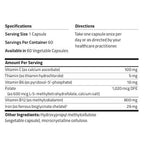 Nutritional supplement label with specifications and directions on a white background