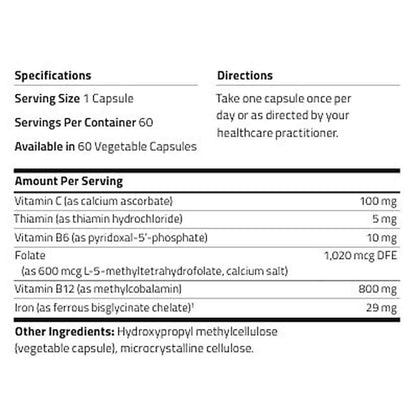 Nutritional supplement label with specifications and directions on a white background