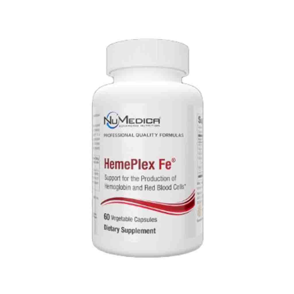 Supplement bottle labeled 'HemePlex Fe' by NuMedica on a white background