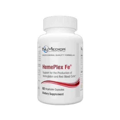 Supplement bottle labeled 'HemePlex Fe' by NuMedica on a white background