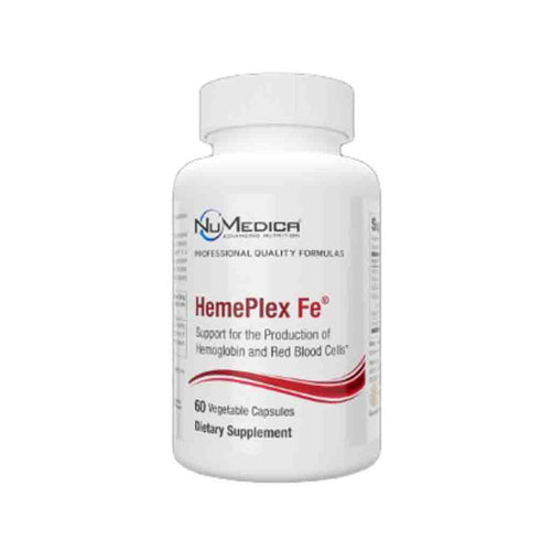 Supplement bottle labeled 'HemePlex Fe' by NuMedica on a white background