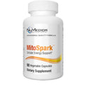 A white plastic bottle of NuMedica MitoSpark Cellular Energy Support dietary supplement with 90 vegetable capsules, shown on a plain white background.