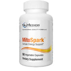 A white plastic bottle of NuMedica MitoSpark Cellular Energy Support dietary supplement with 90 vegetable capsules, shown on a plain white background.