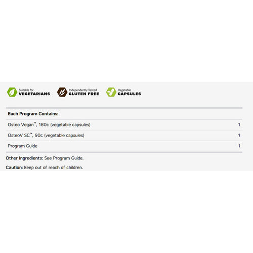 A white information panel with black text listing included items: Osteo Vegan 180c vegetable capsules, OsteoV SC 90c vegetable capsules, and a program guide, along with three logos at the top for Vegetarians, Gluten Free, and Vegetarian Capsules.