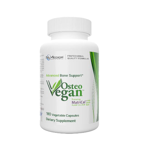 A white plastic bottle of Numedion Osteo Vegan Advanced Bone Support dietary supplement, containing 180 vegetable capsules, on a plain white background.