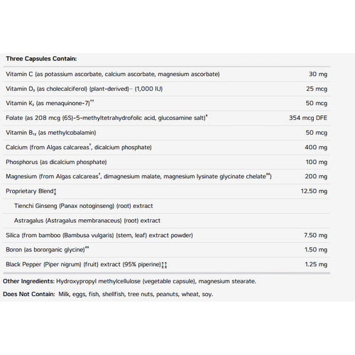 A white information panel listing 'Three Capsules Contain' with supplement ingredients such as Vitamin C, Vitamin D3, Vitamin K2, Folate, Calcium, Magnesium, and Tienqi Ginseng, plus a note about what is not contained.
