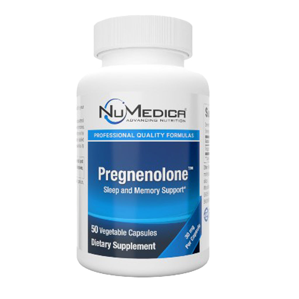 A white plastic bottle of NuMedica Pregnenolone dietary supplement with a blue and white label, containing 50 vegetable capsules.