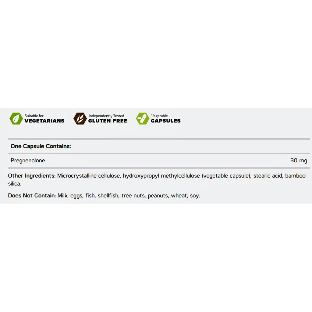 A white informational label with black text and green icons stating that the product is suitable for vegetarians, independently tested gluten free, and contains vegetable capsules. It specifies that one capsule contains 30 mg of Pregnenolone and lists excluded ingredients.