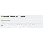 A white informational label with black text and green icons stating that the product is suitable for vegetarians, independently tested gluten free, and contains vegetable capsules. It specifies that one capsule contains 30 mg of Pregnenolone and lists excluded ingredients.