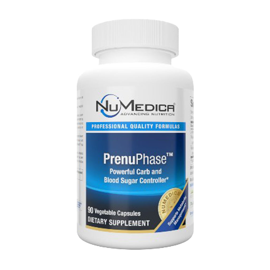 A white plastic bottle of NuMedica PrenuPhase dietary supplement with a blue and white label, containing 90 vegetable capsules.