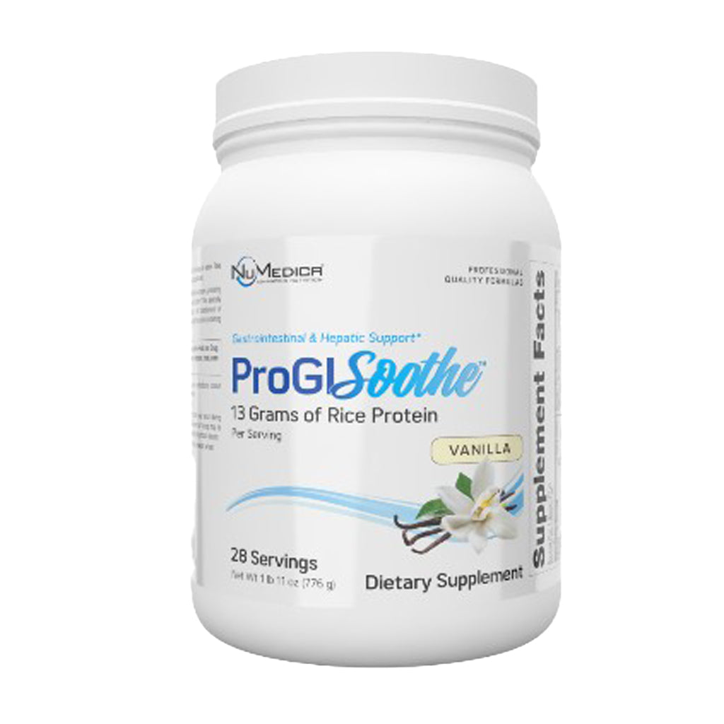 A white plastic tub of NuMedica ProGLSoothe dietary supplement, vanilla flavor, on a plain white background.
