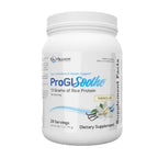 A white plastic tub of NuMedica ProGLSoothe dietary supplement, vanilla flavor, on a plain white background.