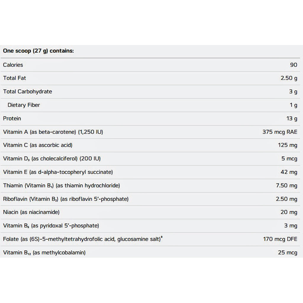 A nutrition facts table on a white background, listing calories, total fat, dietary fiber, protein, and various vitamin and mineral contents per one scoop (27 g) of the product.