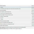 A supplement ingredients list on a white background, showing items such as Betaine Anhydrous, L-Glycine, Lemon Bioflavonoid Complex, Quercetin Dihydrate, and various extracts, with a note about other ingredients and no dairy, eggs, fish, shellfish, tree nuts, peanuts, wheat, or soy.