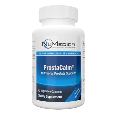 A white plastic bottle of NuMedica ProstaCalm dietary supplement with a blue and white label, containing 60 vegetable capsules.