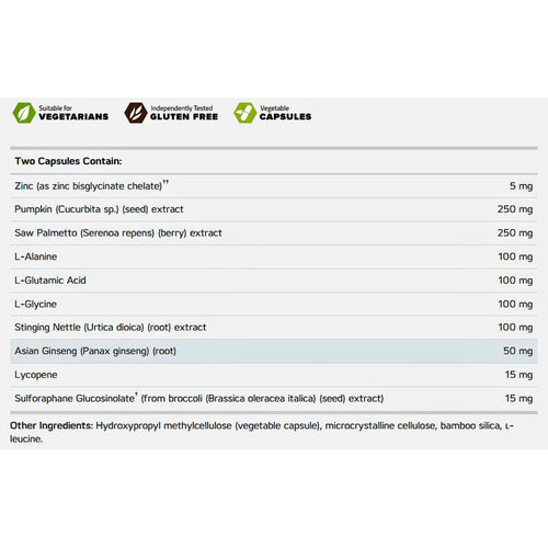 A supplement facts table on a white background, detailing the two capsules of a vegetarian dietary supplement. The table lists ingredients such as zinc, pumpkin, saw palmetto, L-Alanine, L-Glutamic Acid, Stinging Nettle, Asian Ginseng, Lycopene, and Sulforaphane Glucosinolate with their respective milligram doses.
