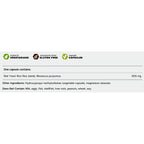 A white informational label with green and brown icons and text stating 'One capsule contains: Red Yeast Rice Rice (seed), Monascus purpureus. 905 mg' and 'Other Ingredients: Hydroxypropyl methylcellulose (vegetable capsule), magnesium stearate.