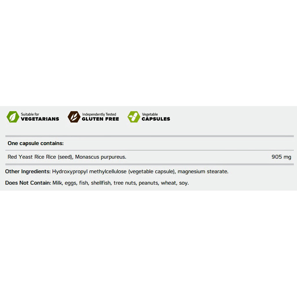 A white informational label with green and brown icons and text stating 'One capsule contains: Red Yeast Rice Rice (seed), Monascus purpureus. 905 mg' and 'Other Ingredients: Hydroxypropyl methylcellulose (vegetable capsule), magnesium stearate.