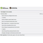 A text-based product information panel listing ingredients for a dietary supplement blend. It states that two droppers of the product contain a proprietary blend with listed ingredients such as garcinia, L-Carnitine, green tea, bitter orange, stevia, african mango, arginine, and Asian ginseng.