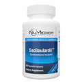 A white plastic bottle of NuMedica SacBoulardii dietary supplement with a blue and white label, on a plain white background.