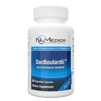 A white plastic bottle of NuMedica SacBoulardii dietary supplement with a blue and white label, on a plain white background.