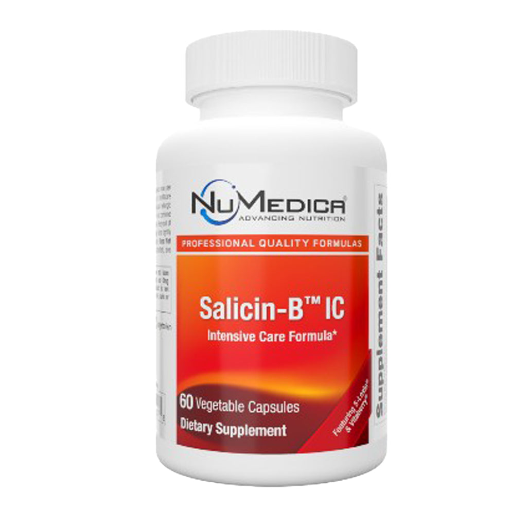 A white plastic bottle of NuMedica Salicin-B IC Intensive Care Formula dietary supplement, featuring a red and orange gradient label, on a plain white background.