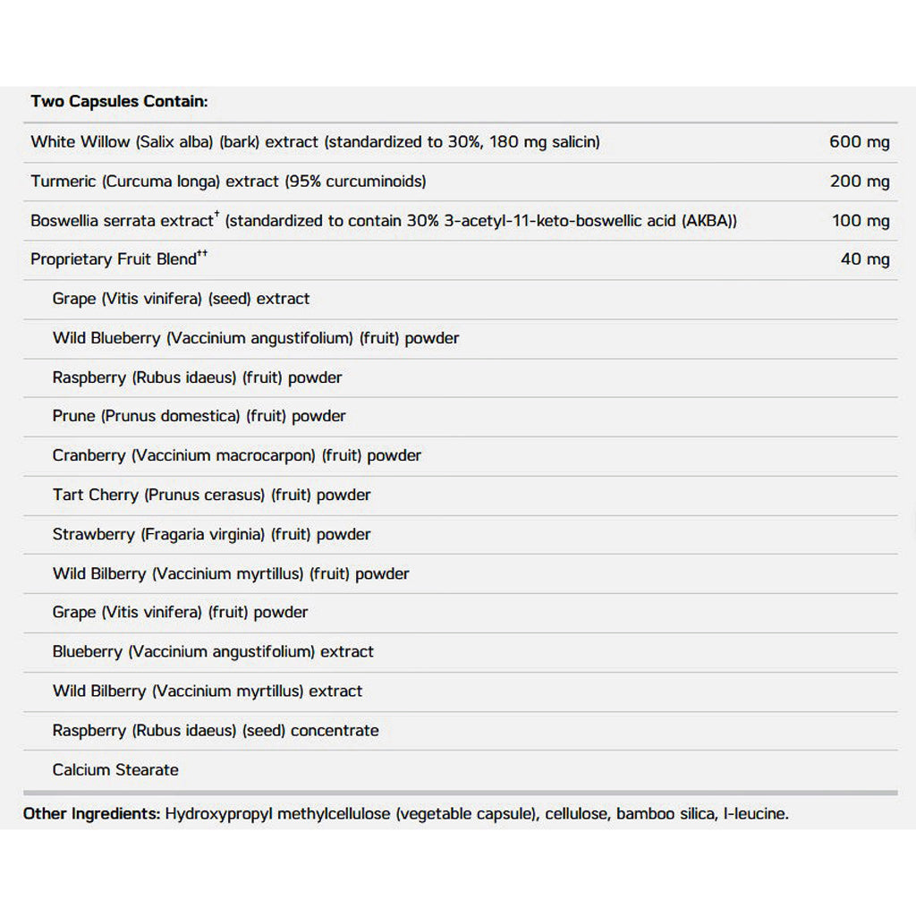 A white information panel with black text listing the contents of two capsules from a dietary supplement. The panel details active ingredients such as white willow, turmeric, boswellia serrata, grape, blueberry, raspberry, and cranberry, along with their respective dosages in milligrams, and lists other ingredients at the bottom.