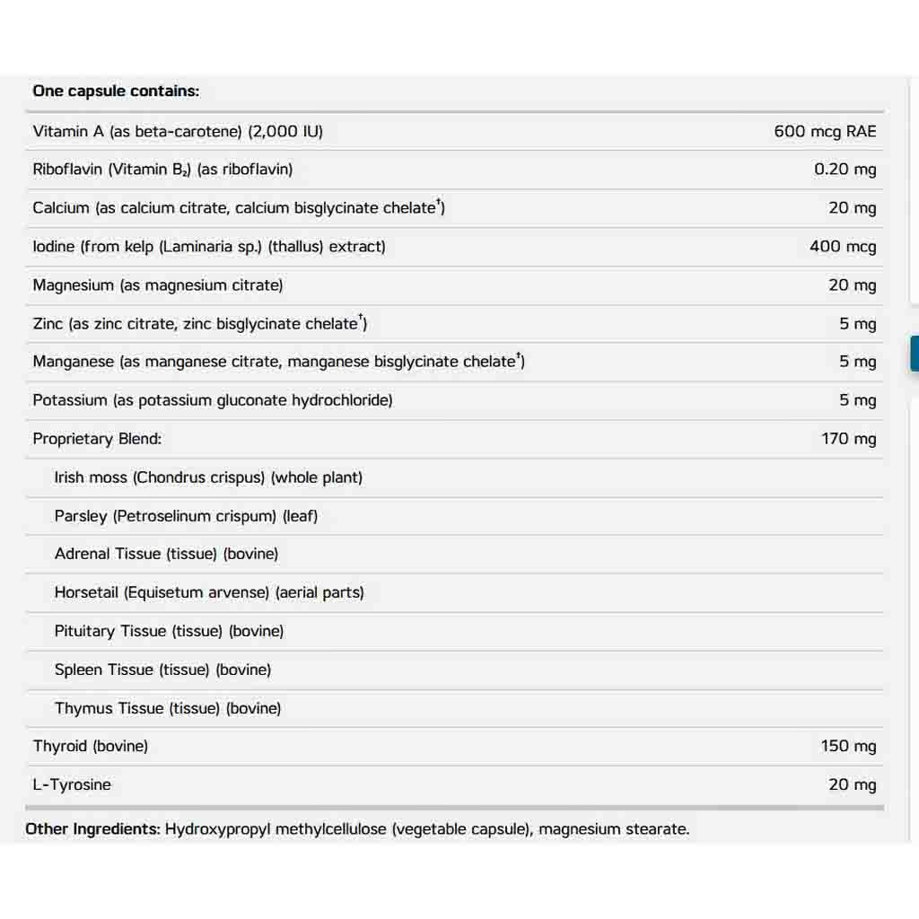 A white information card detailing the contents of one capsule of a veterinary supplement. The text lists key ingredients such as Vitamin A, Riboflavine, Calcium, Iodine, Zinc, Manganese, and a proprietary blend of Irish moss, Parsley, and Horsetail, along with L-Tyrosine.