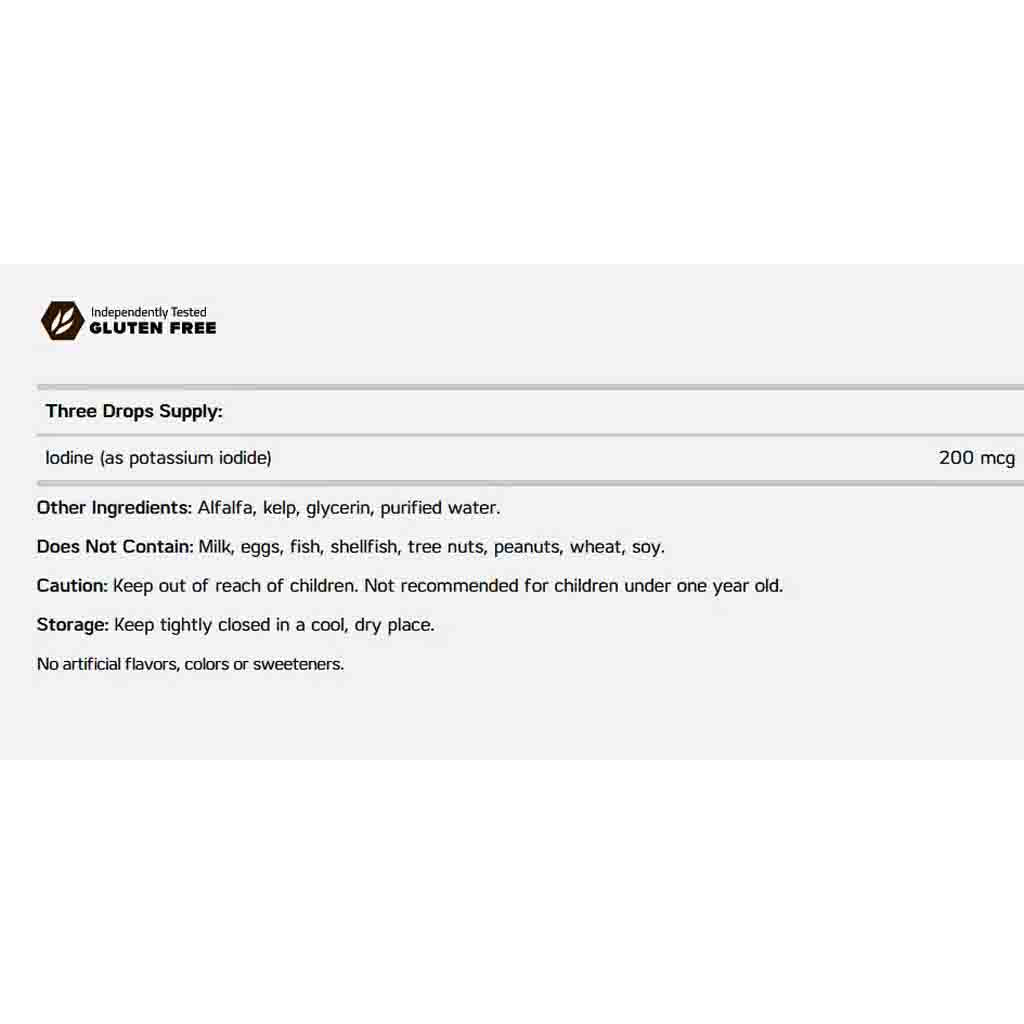 A text panel on a light gray background describing the product 'Three Drops Supply: Iodine (as potassium iodide) 200 mcg' with a gluten-free badge and ingredient/caution text.