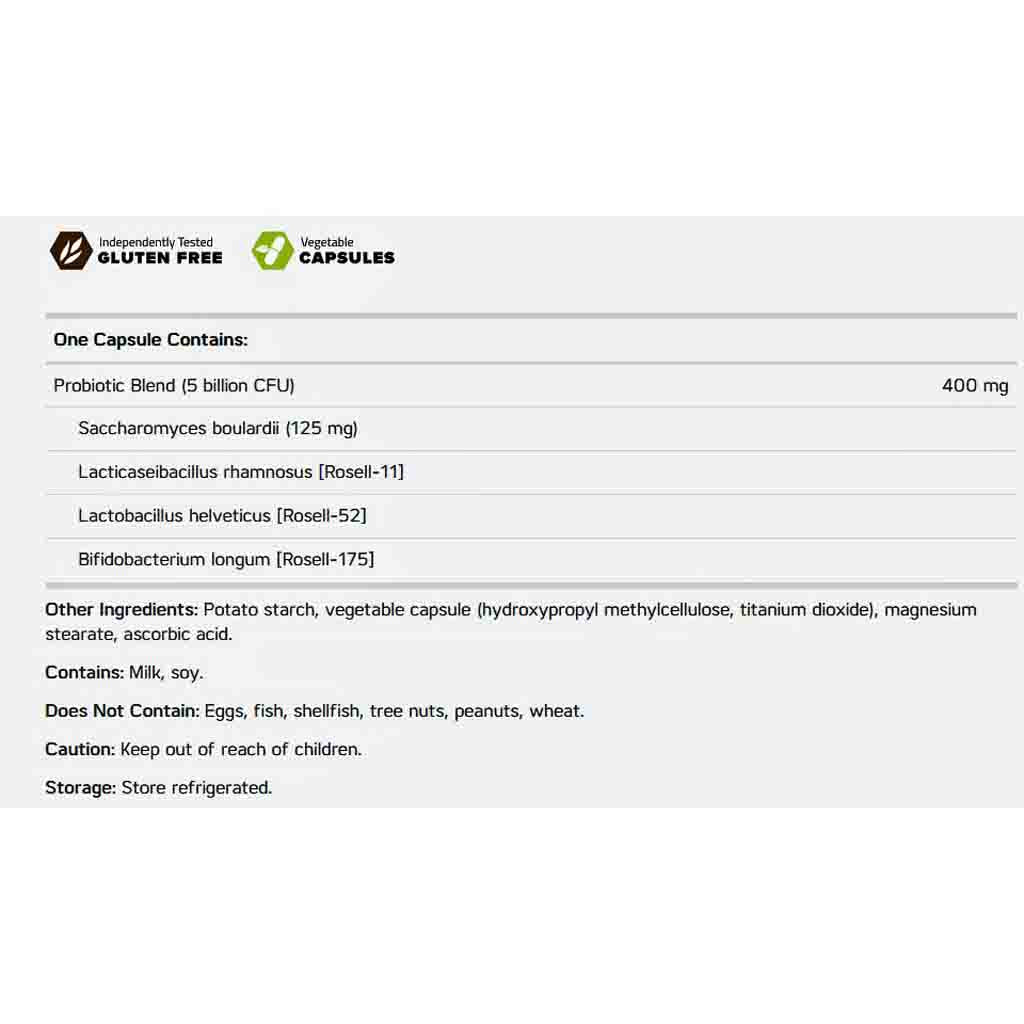 A white information card detailing the contents and ingredients of a probiotic capsule. The card features a dark brown and green logo at the top left and lists the probiotic blend, Saccharomyces boulardii, Lactobacillus rhamnosus, Lactobacillus helveticus, and Bifidobacterium longum, along with other ingredients and storage instructions.