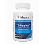 A white plastic bottle of NuMedica Tri-Flora Plus multi-strain probiotic dietary supplement, featuring a blue and white label with 60 vegetable capsules.