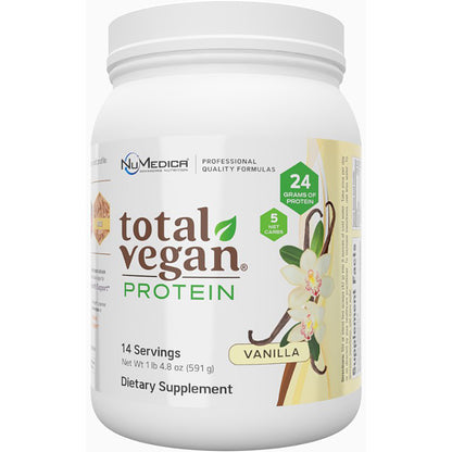 Container of NuMedica total vegan protein powder on a white background