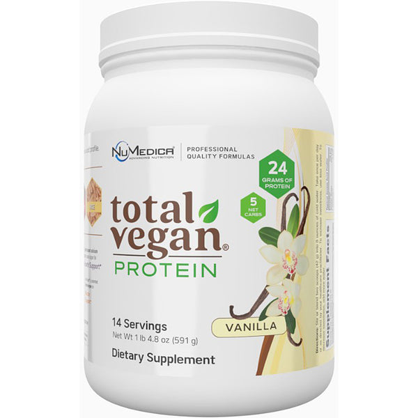 Container of NuMedica total vegan protein powder on a white background