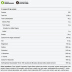 Nutritional label for a protein product with details on calories, macronutrients, and micronutrients.