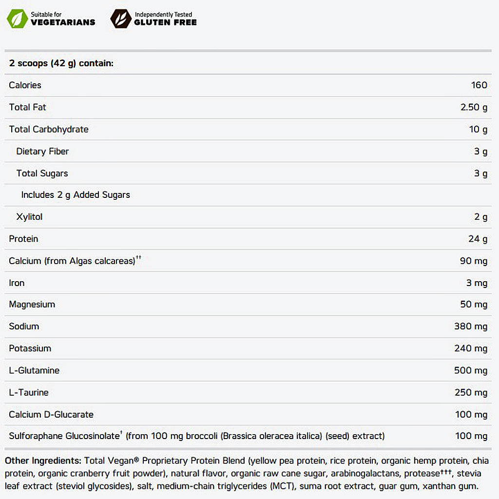 Nutritional label for a protein product with details on calories, macronutrients, and micronutrients.