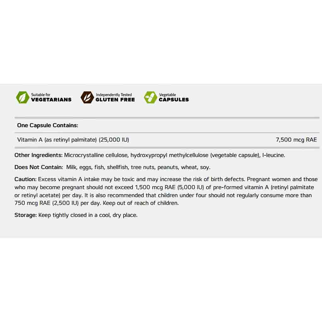 A white information panel with black text detailing the capsule contents, ingredients, and usage instructions for Vitamin A, alongside green and brown certification icons for vegetarians, gluten-free, and vegetable capsules.