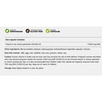 A white information panel with black text detailing the capsule contents, ingredients, and usage instructions for Vitamin A, alongside green and brown certification icons for vegetarians, gluten-free, and vegetable capsules.