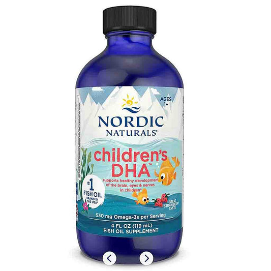 Nordic Naturals Children's DHA fish oil supplement in a 4 fl oz blue bottle with a black cap, shown on a white background.