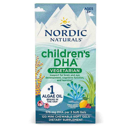 Nordic Naturals Children's DHA Vegetarian dietary supplement box, featuring a blue and white mountain design with illustrations of marine plants, fish, and fruits, and text indicating 120 mini chewable soft gels.