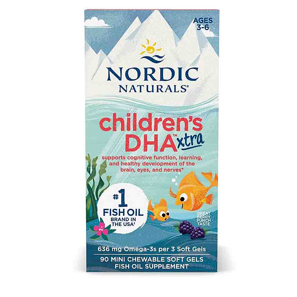Nordic Naturals Children's DHA extra fish oil supplement box, featuring a colorful design with mountains, water, a fish, and text indicating 90 mini chewable soft gels.
