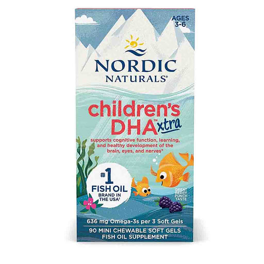 Nordic Naturals Children's DHA extra fish oil supplement box, featuring a colorful design with mountains, water, a fish, and text indicating 90 mini chewable soft gels.