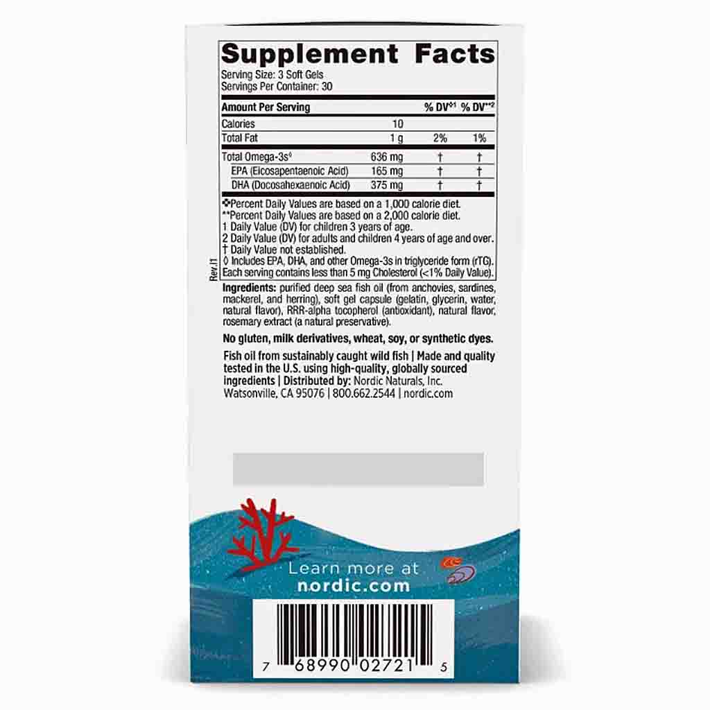 The back of a Nordic Naturals supplement facts label, showing supplement information, ingredients, and a blue ocean-themed design with a barcode.