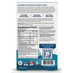 The back of a children's eye health gummy chew package, showing supplement facts, usage instructions, and a QR code on a white background.