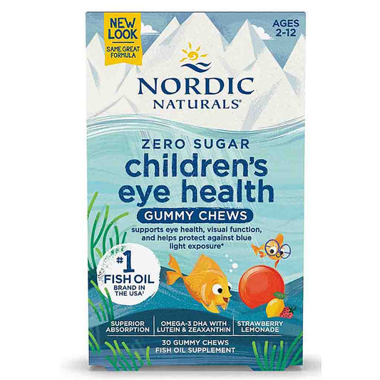 Nordic Naturals Zero Sugar Children's Eye Health Gummy Chews box, featuring a blue and white design with illustrations of a fish, a red gummy, and a cartoon owl.