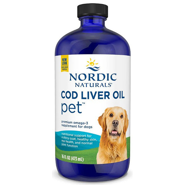 Bottle of Nordic Naturals Cod Liver Oil for pets on a white background