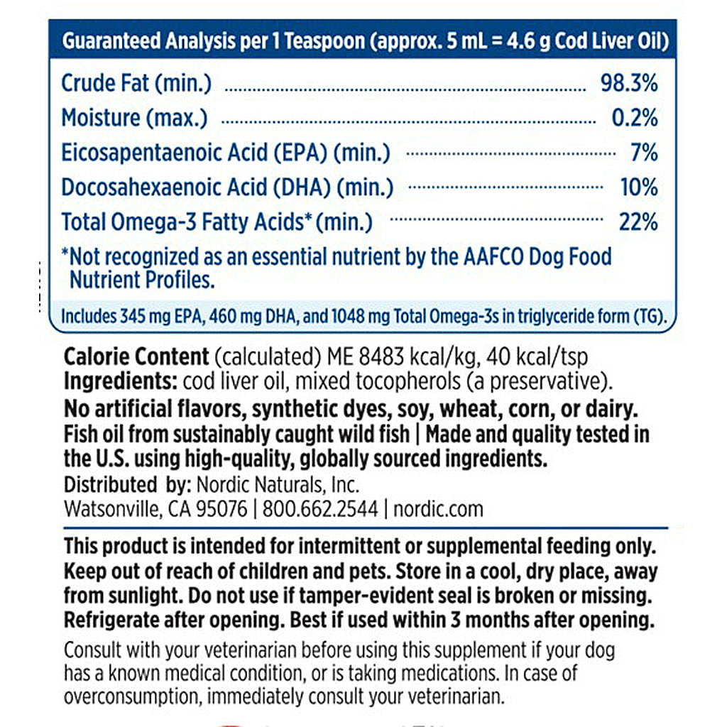 Nutritional label for cod liver oil with specifications and usage instructions.