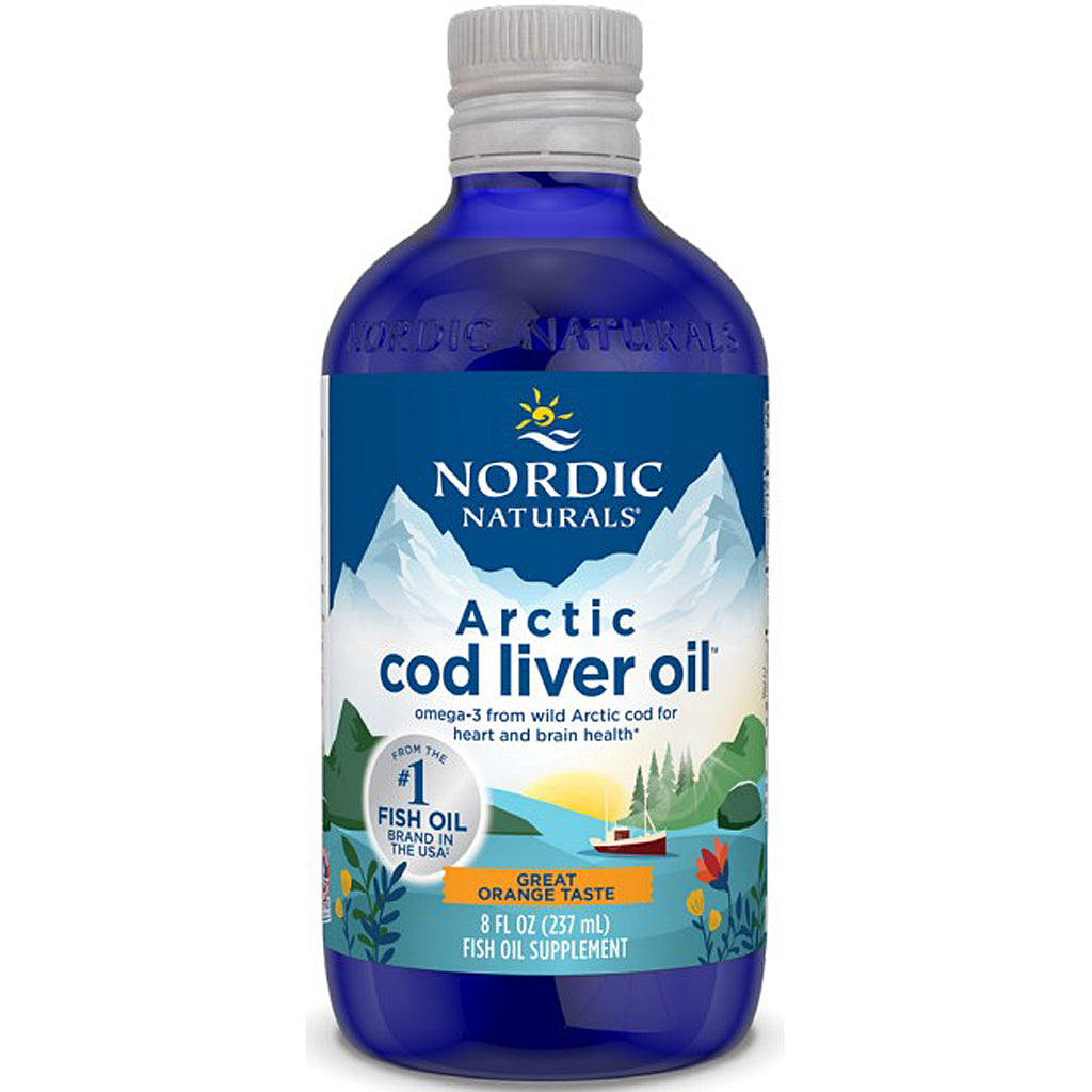 Bottle of Nordic Naturals Arctic cod liver oil on a white background