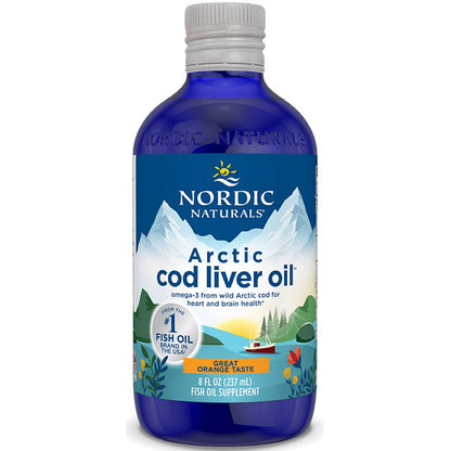 Bottle of Nordic Naturals Arctic cod liver oil on a white background