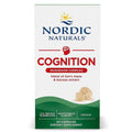Nordic Naturals Cognition Mushroom Complex dietary supplement box, featuring a white box with blue and red text and a green wave design at the bottom.