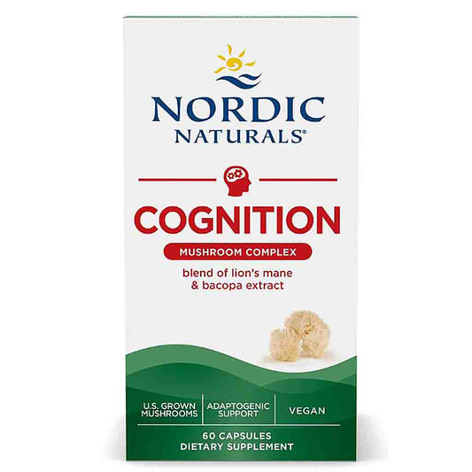 Nordic Naturals Cognition Mushroom Complex dietary supplement box, featuring a white box with blue and red text and a green wave design at the bottom.